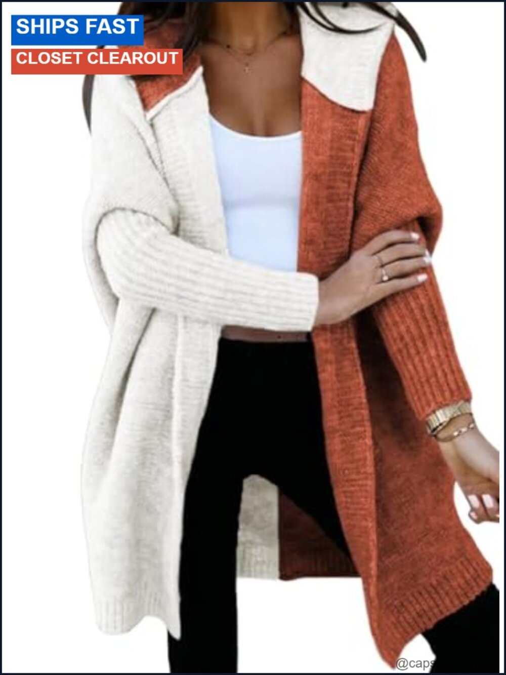 Hooded Knit Cardigan Sweater Women Color Block Patchwork Open Front